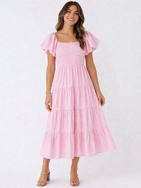 Pink Maxi Dress Tiered Beach Milkmaid Peasant Romantic Small